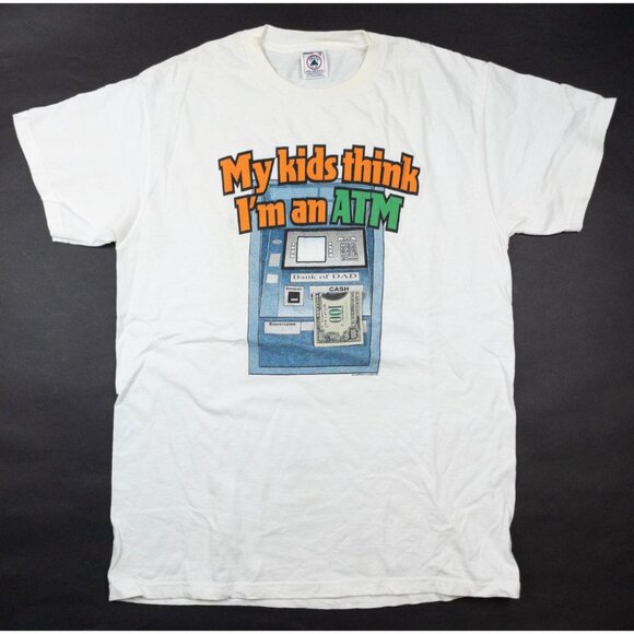 My Kids Think I'm an ATM Vintage Graphic T-Shirt Men's Medium White Funny Shirt - Picture 2 of 15